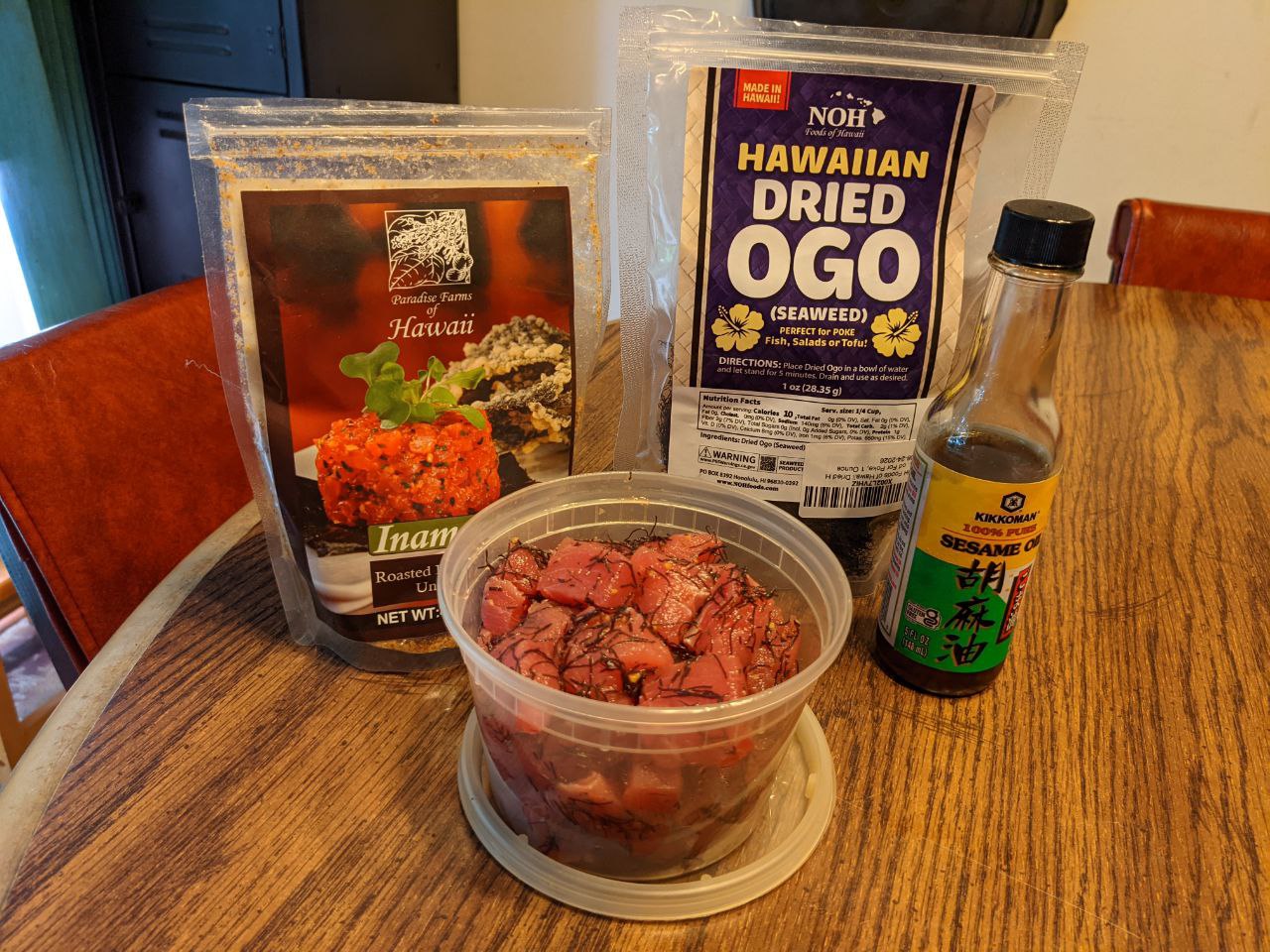 Bowl of Ahi Ogo Poke with kukui nuts.