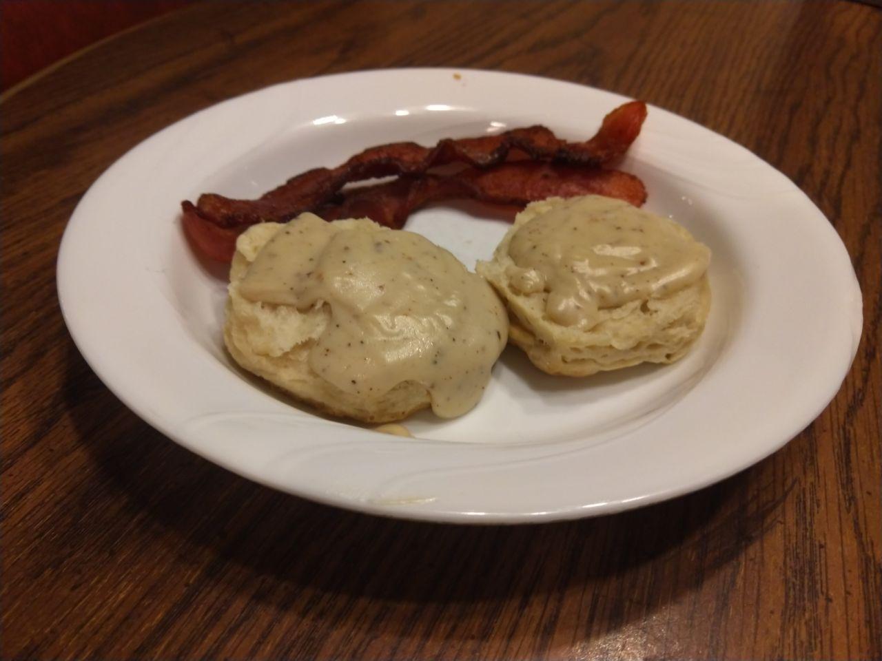 Biscuits and gravy with bacon.