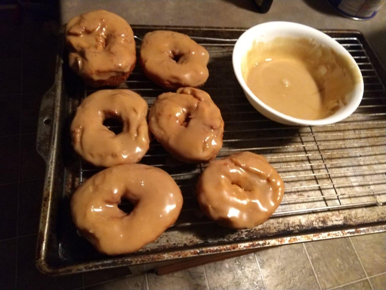 Maple glaze on doughnuts. Maple glaze on doughnuts.