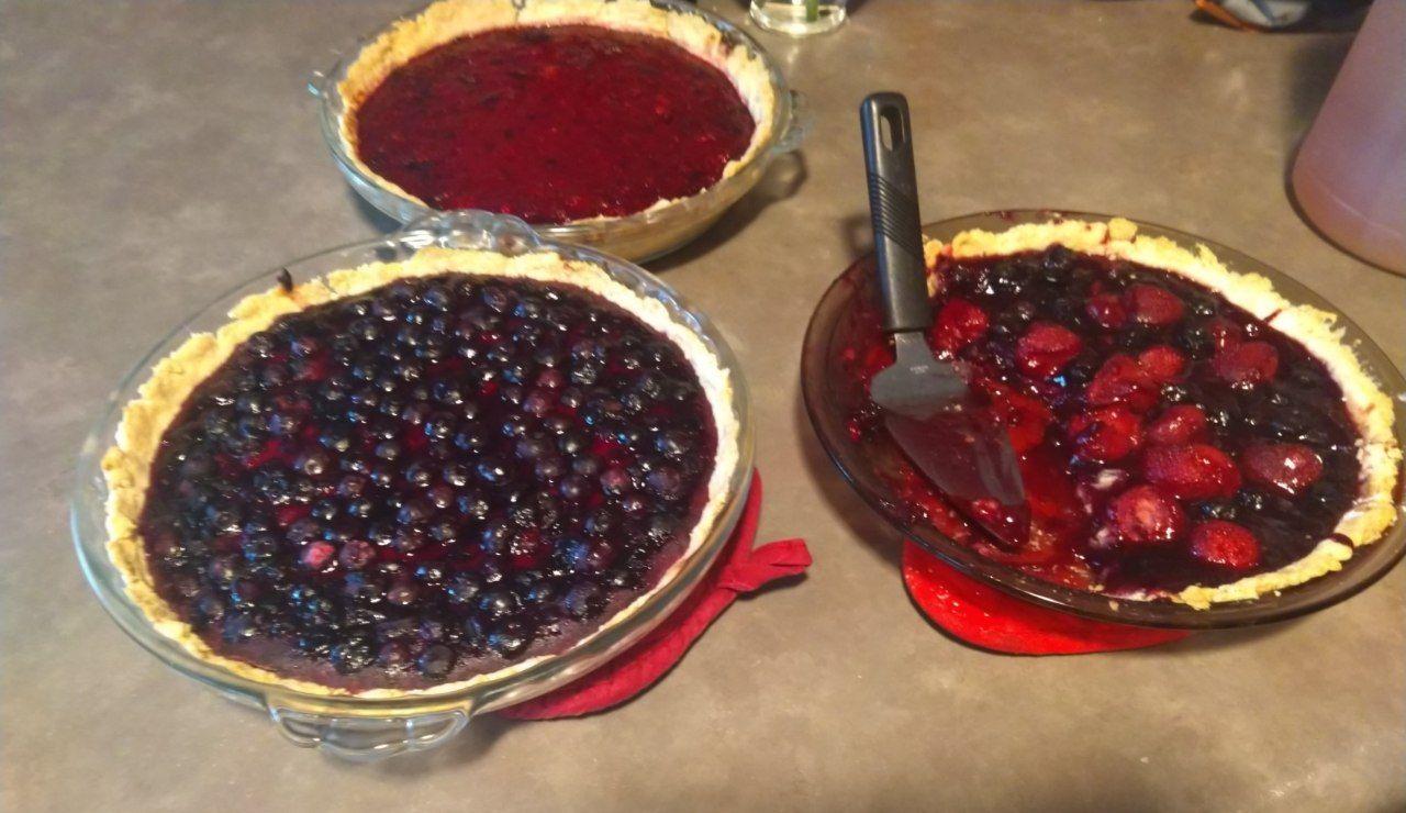 Blueberry, raspberry, and blackberry strawberry pies.