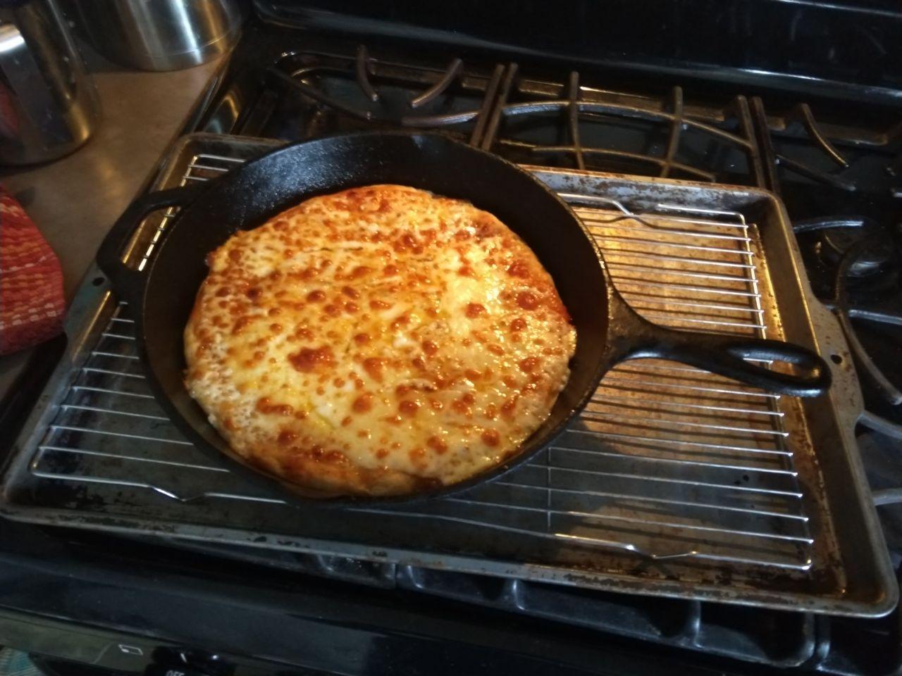 Cast iron skillet after removing from the oven.