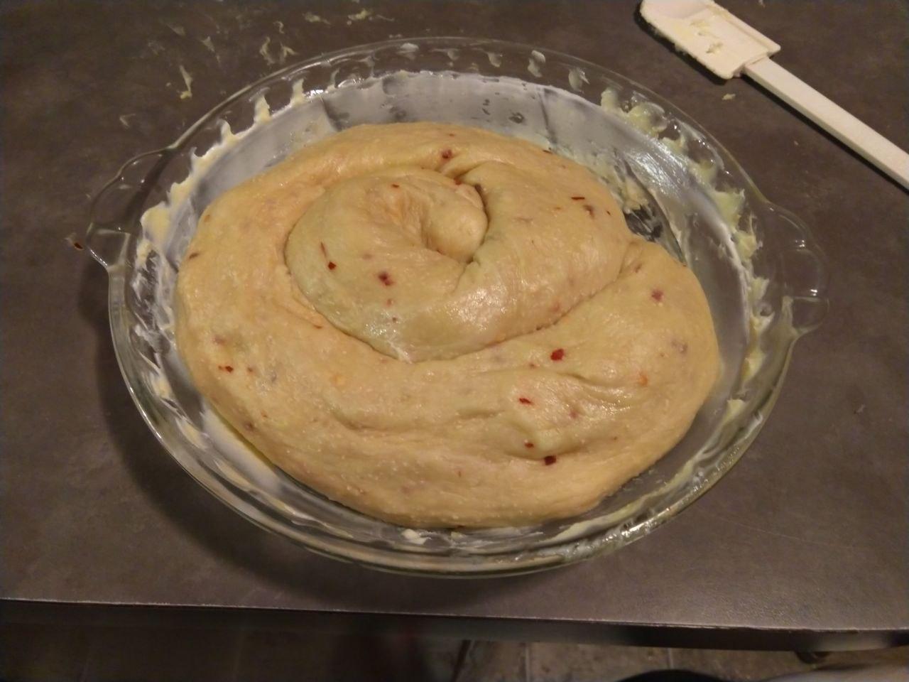Dough after adding cheese and shaping, ready to rise.
