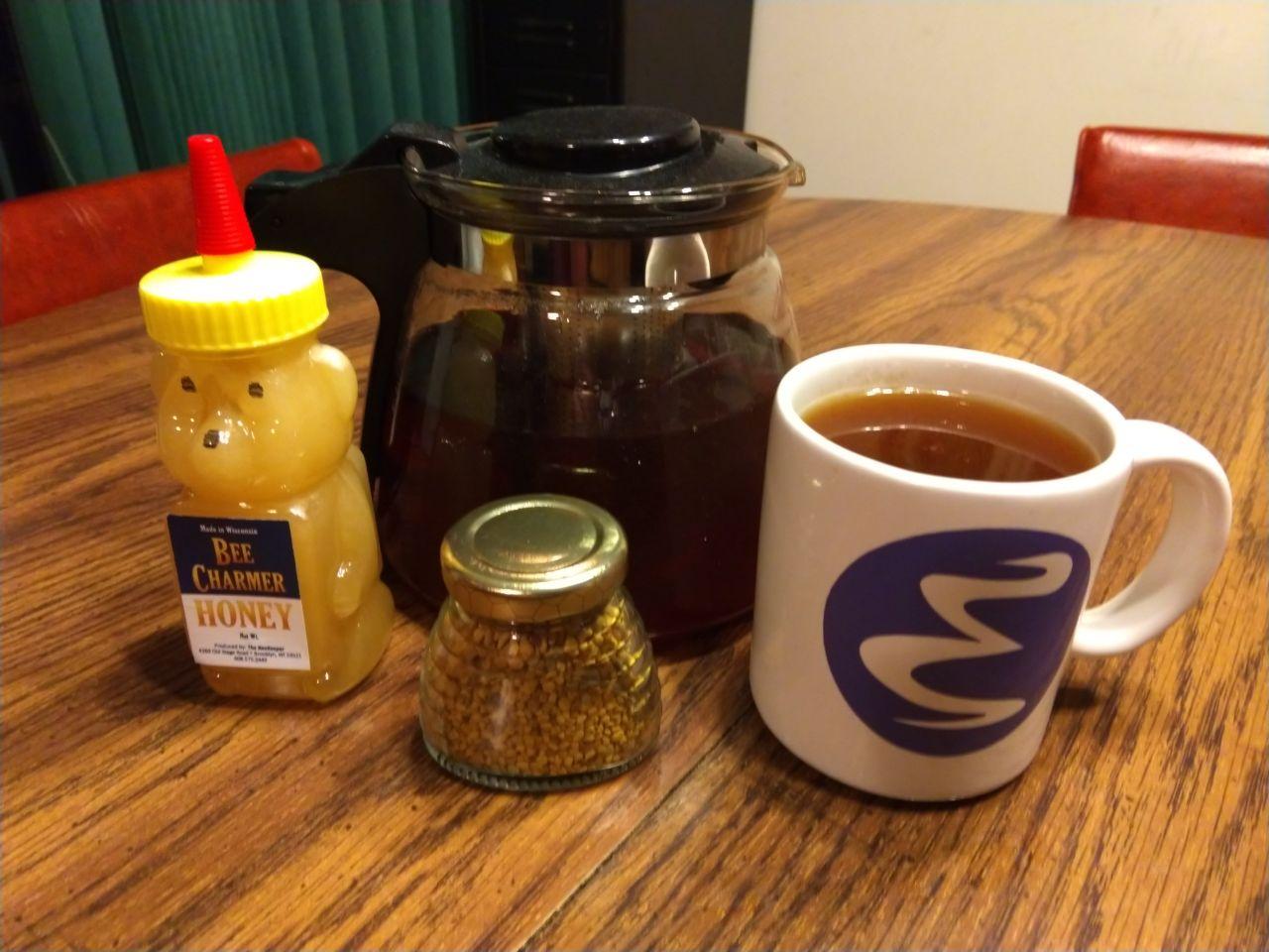 A pot of tea with raw honey and pollen that my sister got me from the farmer's market for Christmas.